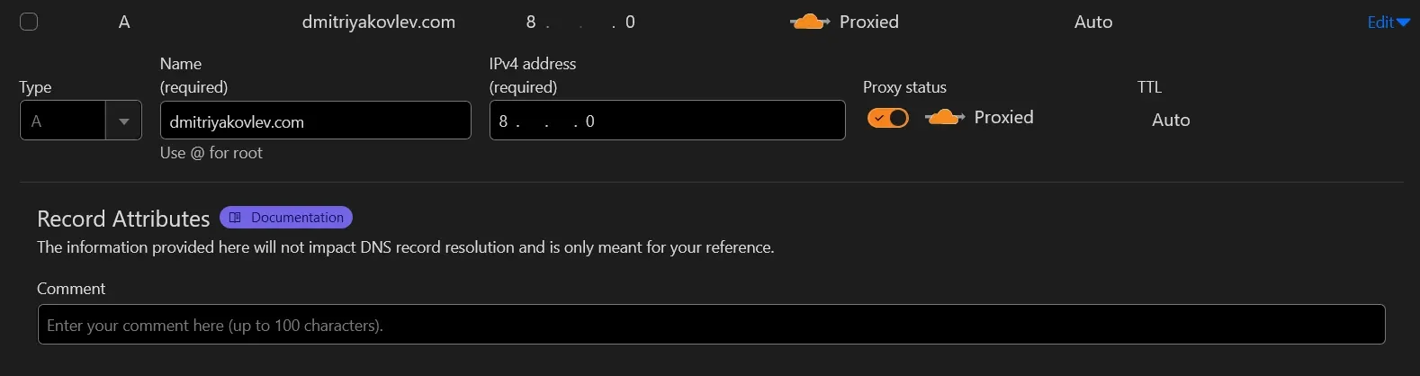 Проксирование трафика включено в Cloudflare