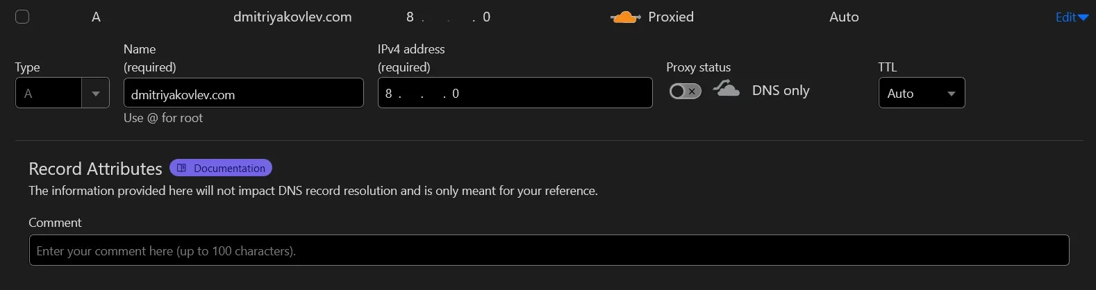 Проксирование трафика выключено в Cloudflare